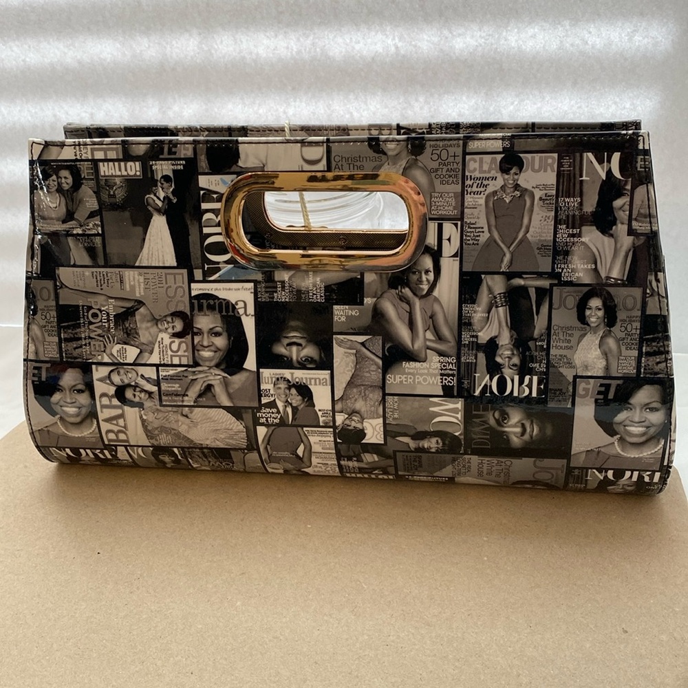 Michelle Obama fashion magazine, purse, black, and white